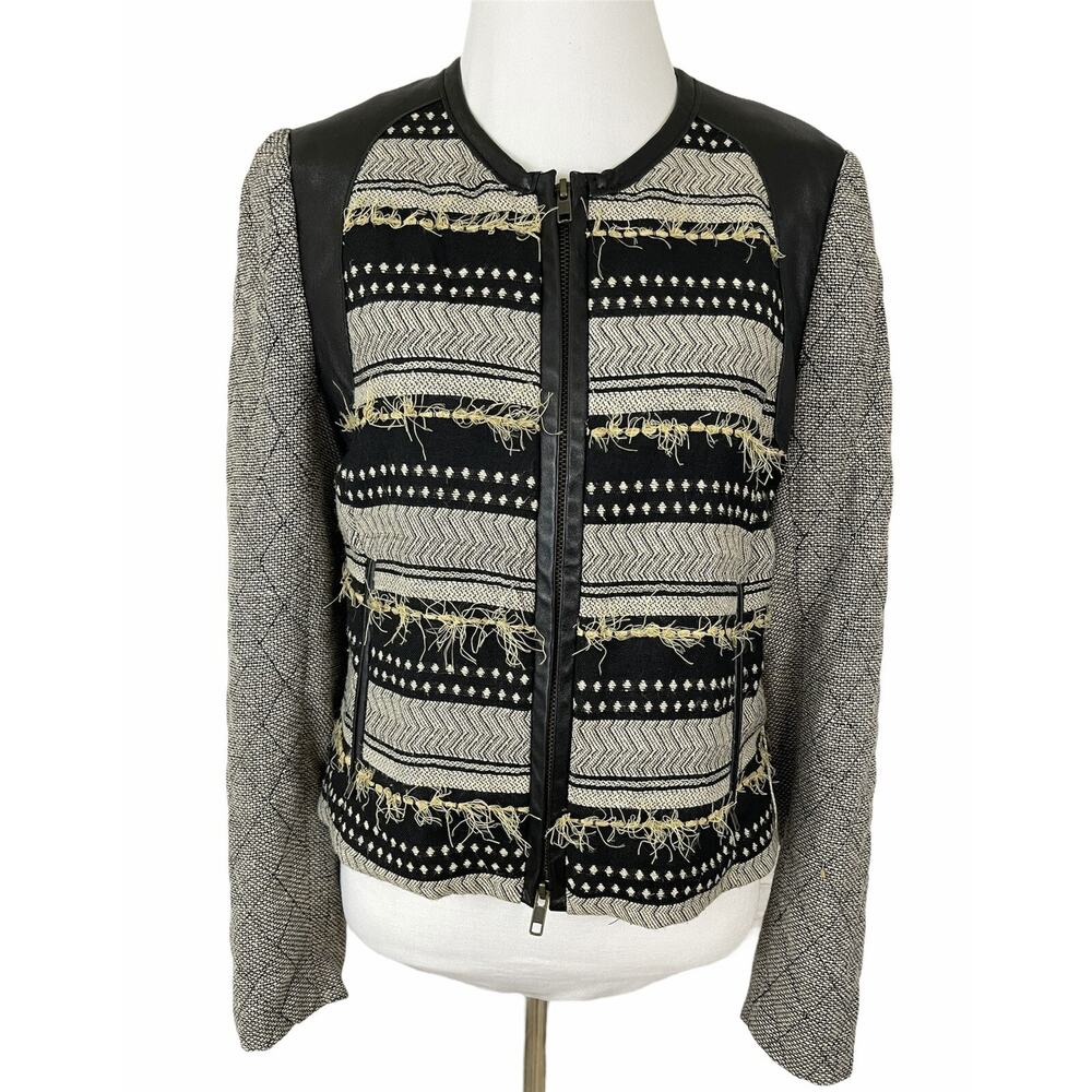 Tracy Reese Womens Striped Quilted Blazer Fringe Lamb Leather Zip Front Sz S